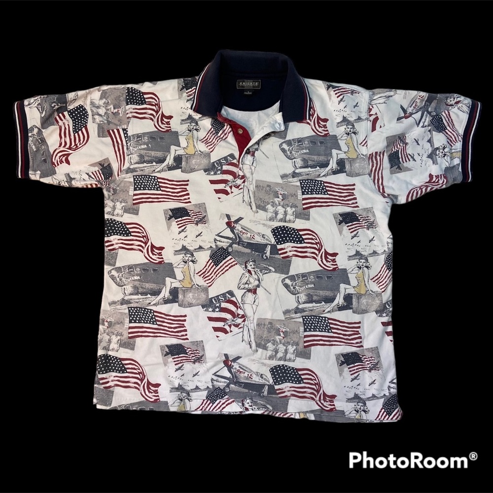 Vtg USA Patriotic Fighter Bomber B17 Polo Style Men’s Sz L Planes Flag Cotton
